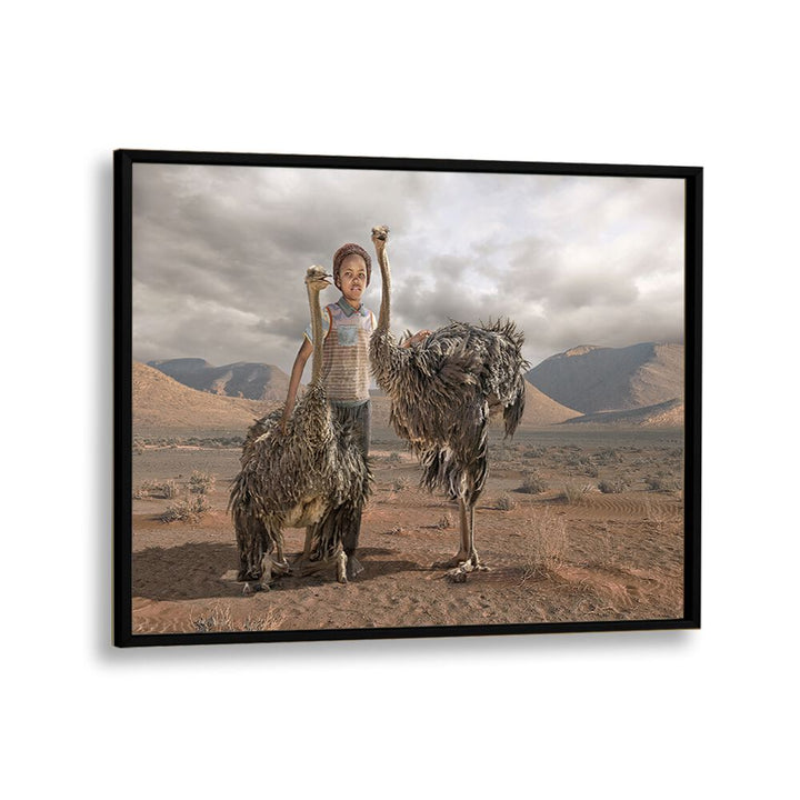 Surreal OSTRICH BOY , PHOTOGRAPHY PRINTS featuring a child with ostriches in a whimsical desert landscape.