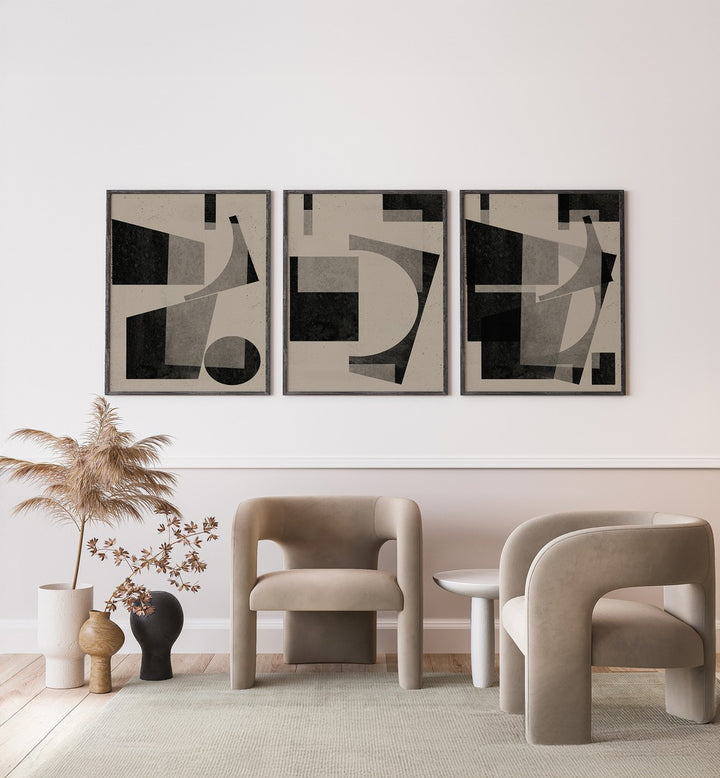 Stylish BLACK GEOMETRIC SET, SET OF 3 PAINTINGS elevating modern decor in a chic living space. Perfect for any interior.
