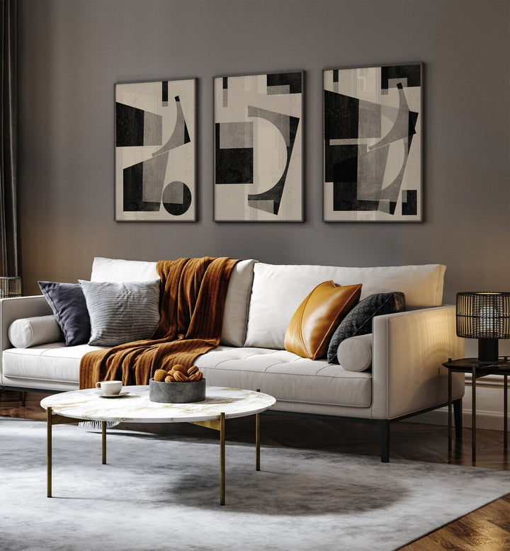 Stylish BLACK GEOMETRIC SET, SET OF 3 PAINTINGS enhances modern living spaces with sophistication and creativity.