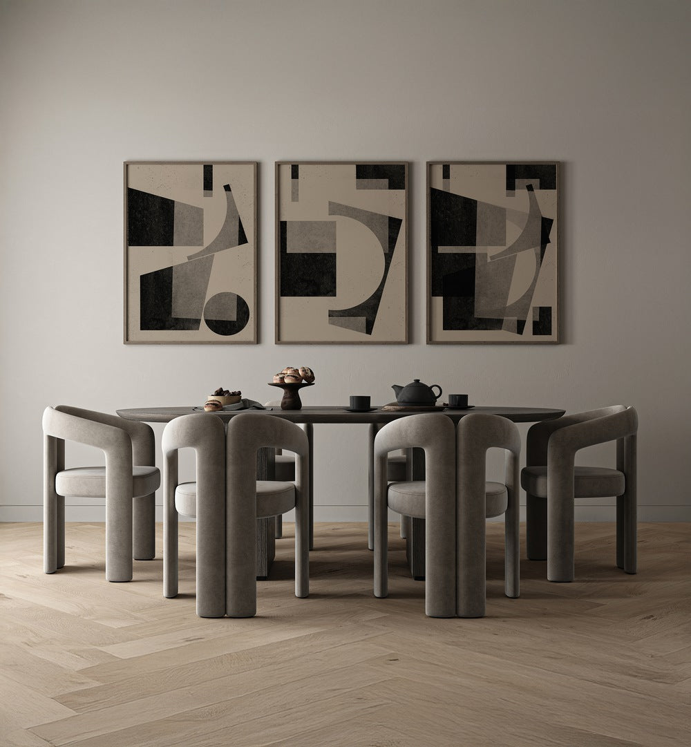 Stylish BLACK GEOMETRIC SET, SET OF 3 PAINTINGS elevates modern interiors with sophisticated wall art.
