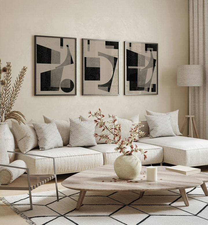 Elevate your decor with the BLACK GEOMETRIC SET, SET OF 3 PAINTINGS, perfect for modern interior design.
