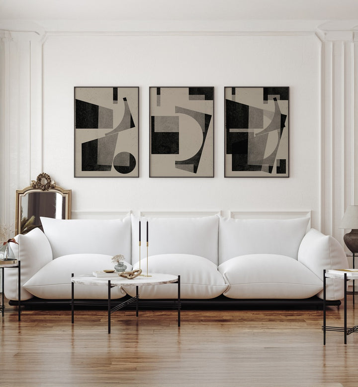 Elevate your decor with the BLACK GEOMETRIC SET, SET OF 3 PAINTINGS, perfect for modern interior design.