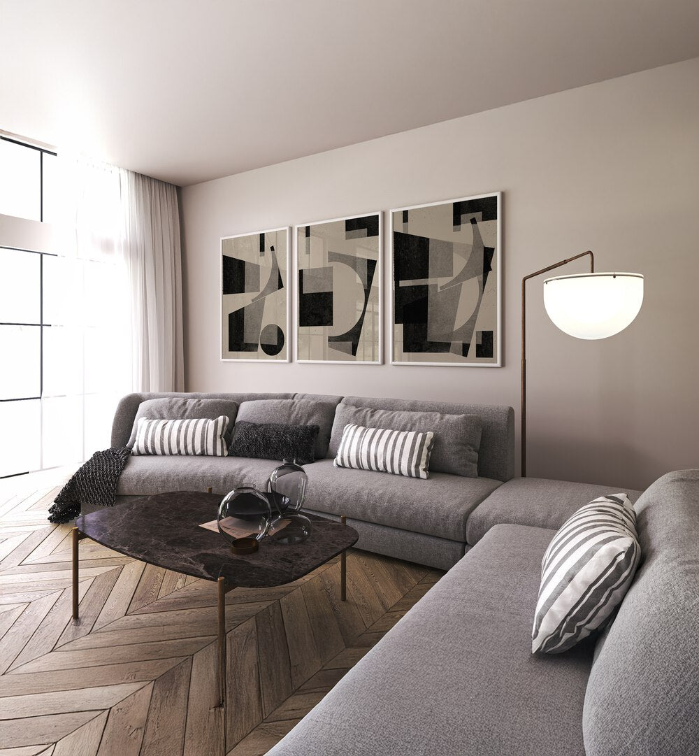 Stylish BLACK GEOMETRIC SET, SET OF 3 PAINTINGS enhances modern living spaces with sophistication and creativity.