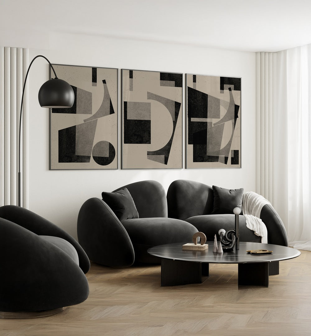 Stylish BLACK GEOMETRIC SET, SET OF 3 PAINTINGS enhances modern living spaces with sophisticated wall art.