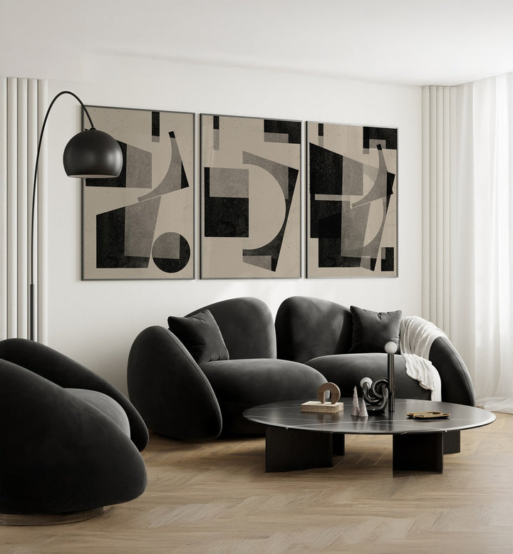 Stylish BLACK GEOMETRIC SET, SET OF 3 PAINTINGS enhances modern living spaces with sophisticated wall art.