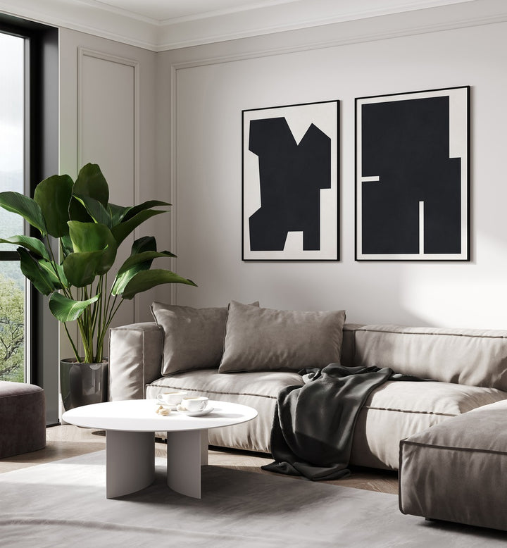 Stylish BLACK GEOMETRY SET, SET OF 2 PAINTINGS enhancing modern living spaces with elegance and sophistication.