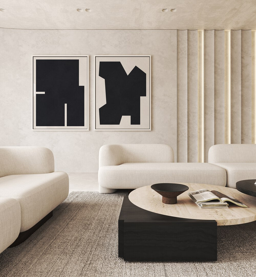 Elevate your decor with the BLACK GEOMETRY SET, SET OF 2 PAINTINGS, perfect for modern living spaces.