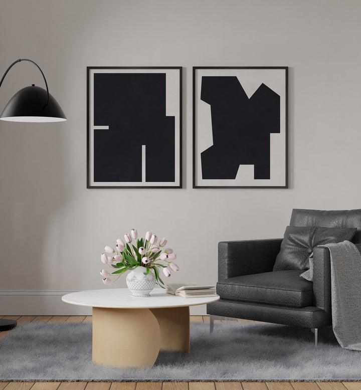 Stylish BLACK GEOMETRY SET, SET OF 2 PAINTINGS enhancing modern living spaces with elegance and sophistication.
