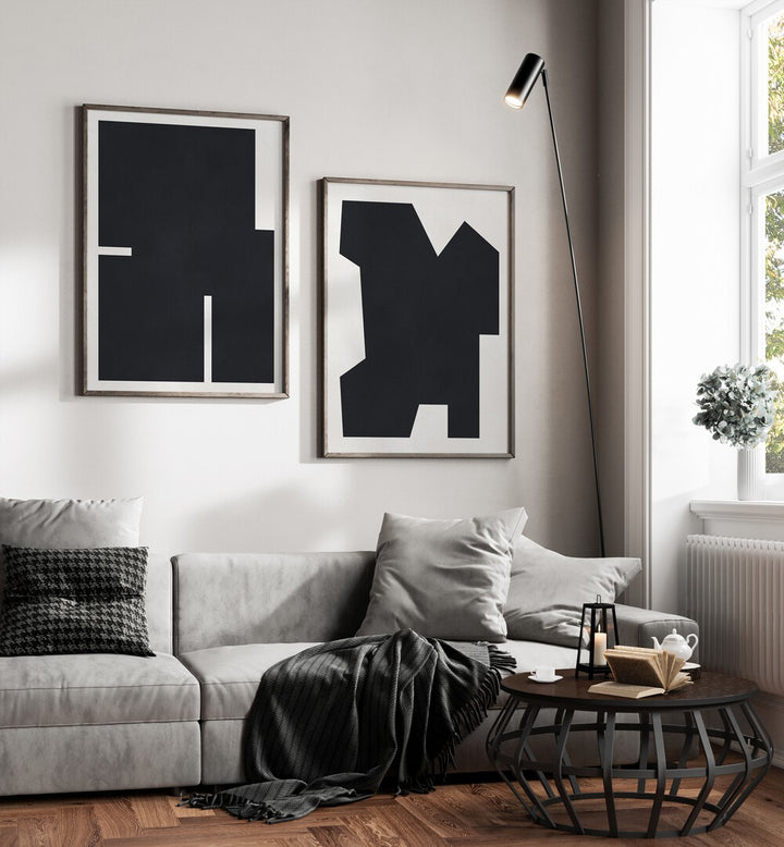 Elevate your decor with the BLACK GEOMETRY SET, SET OF 2 PAINTINGS, showcasing modern elegance in any space.