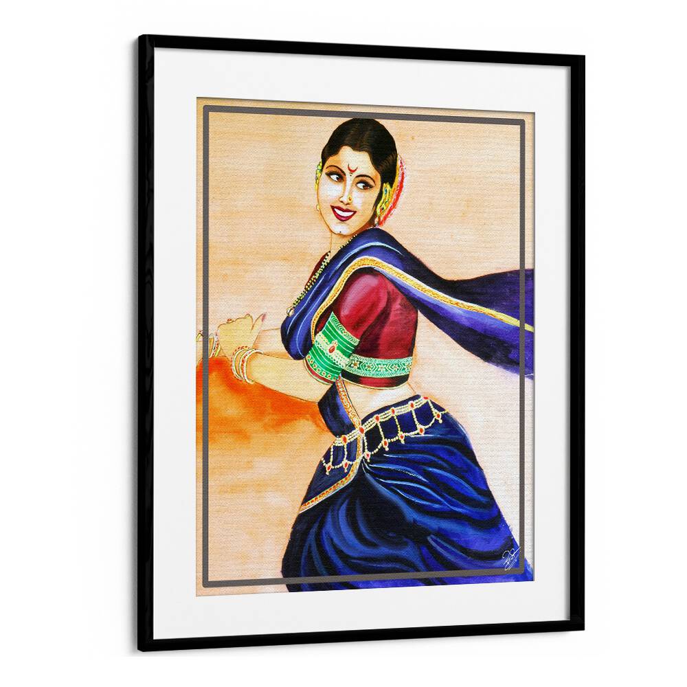 RHYTHM OF BEAUTY, INDIAN ART PAINTINGS showcases a joyful woman in a vibrant watercolor style, radiating grace.