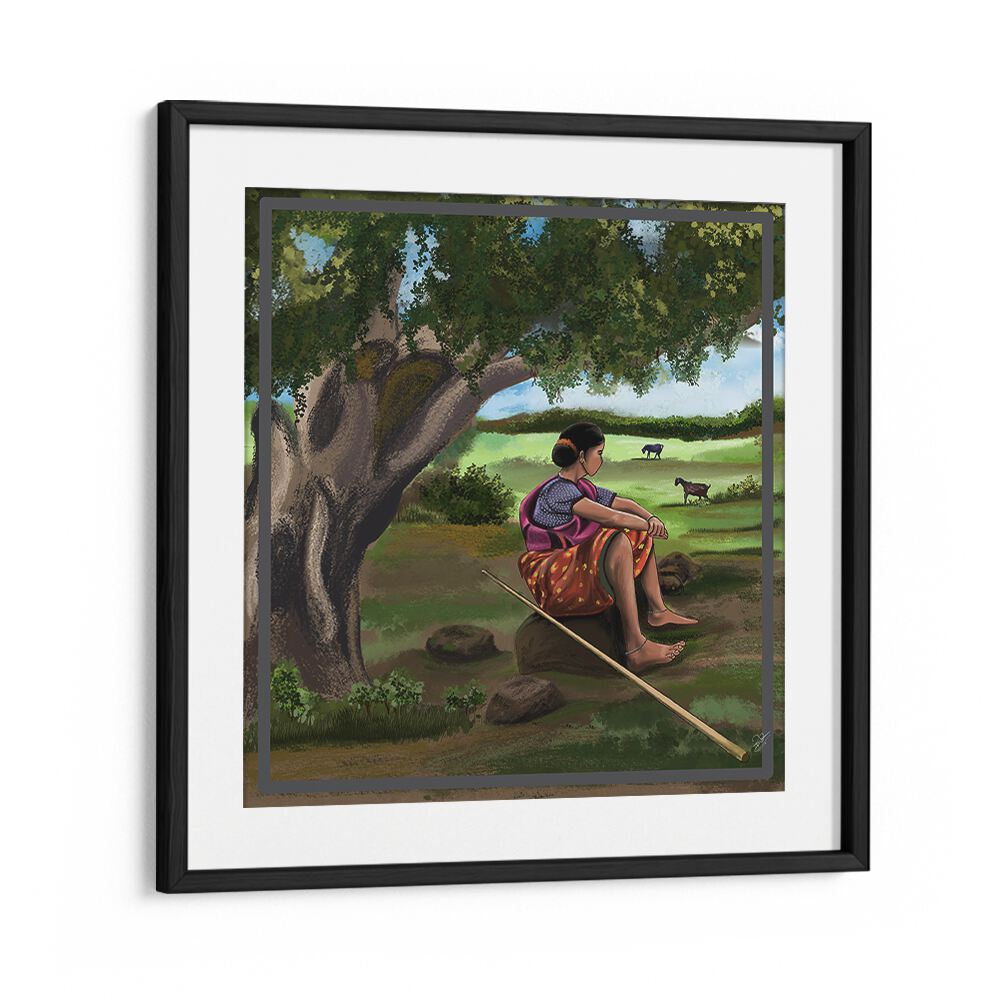 Serene scene from WHISPER OF THE MEADOWS, INDIAN ART PAINTINGS, showcasing a woman resting under a tree.