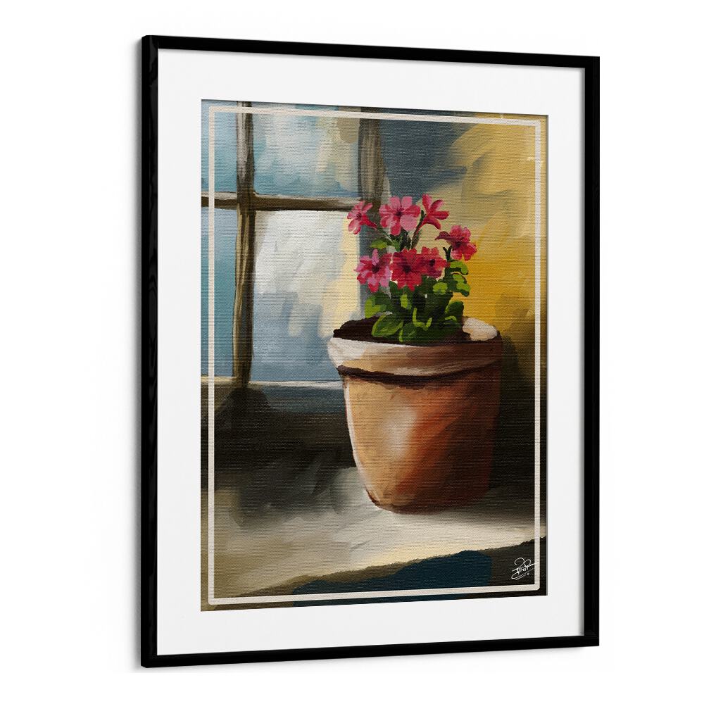 BLOOM BY THE WINDOW, INDIAN ART PAINTINGS showcases vibrant flowers in a serene windowsill setting.