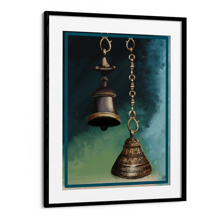 Elegant depiction of brass bells in THE HARMONY, INDIAN ART PAINTINGS, showcasing intricate realism and texture.