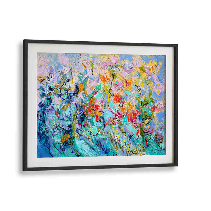 Blackmount RADIANT FLORAL HARMONY , FLORAL FLOWER PAINTINGS vibrant abstract framed floral painting in turquoise, pink and yellow