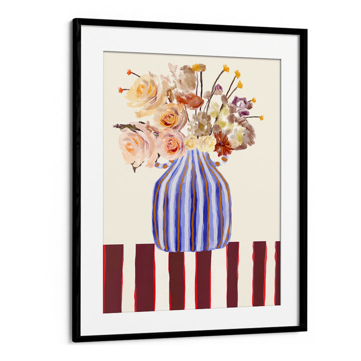 Brighten your space with STILL LIFE WITH FLOWERS I, FLORAL FLOWER PAINTINGS showcasing vibrant blooms in a striped vase.