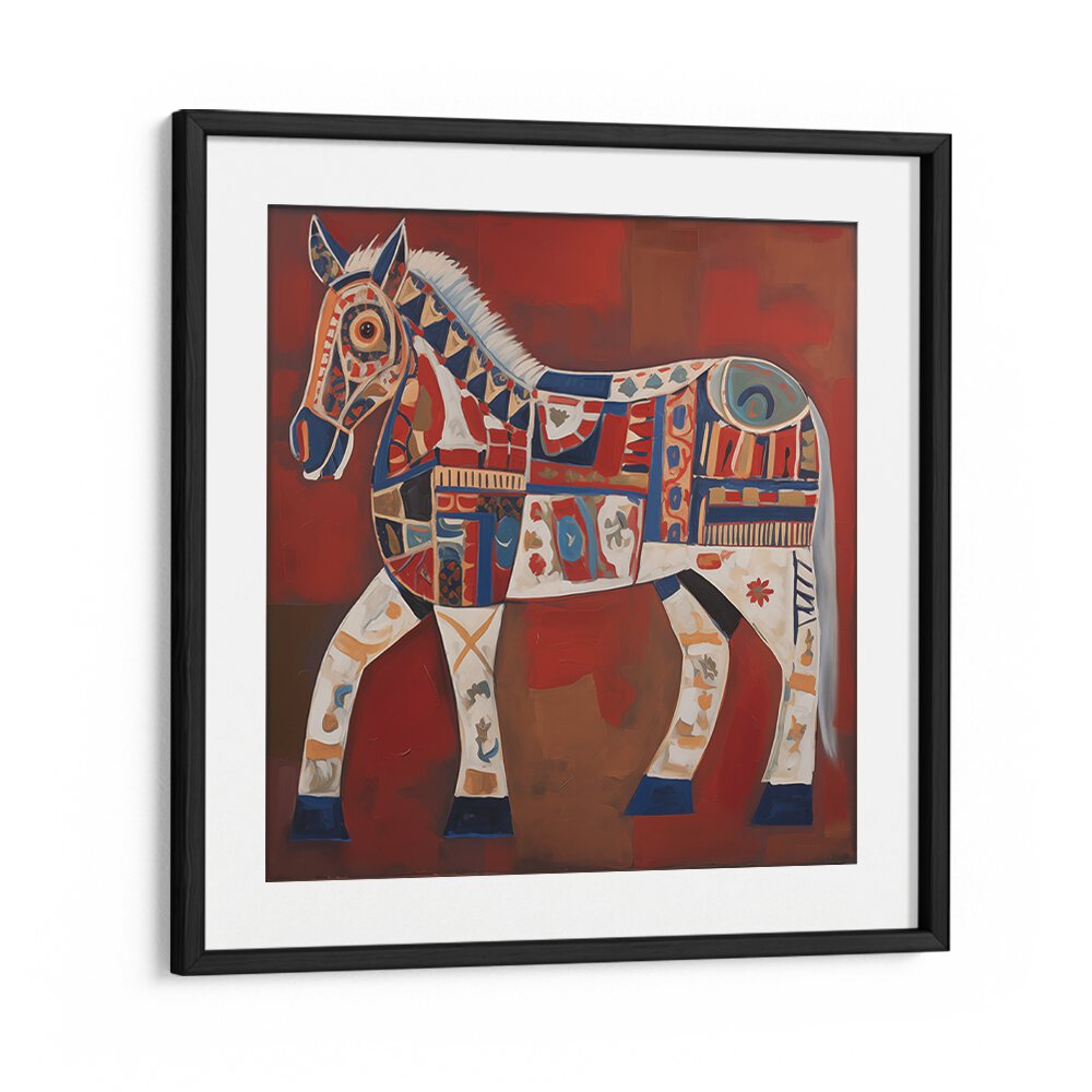 Framed artwork of THE DECORATED HORSE, ANIMAL PAINTINGS, showcasing vibrant colors and majestic beauty for your space.