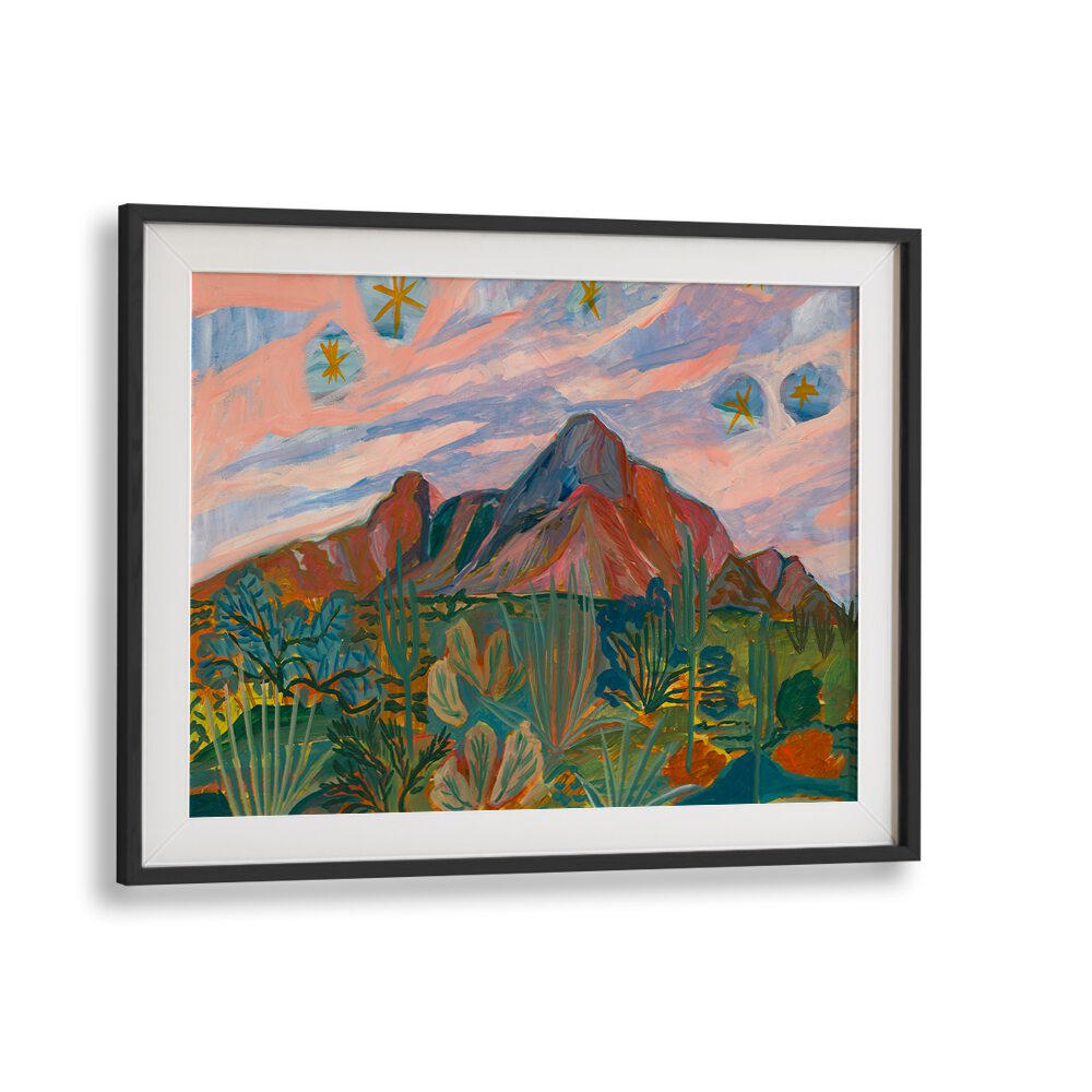 VINTAGE DESERT STARRY NIGHT SUNSET, LANDSCAPE PAINTINGS showcasing vibrant desert hues and a stunning starry sky.