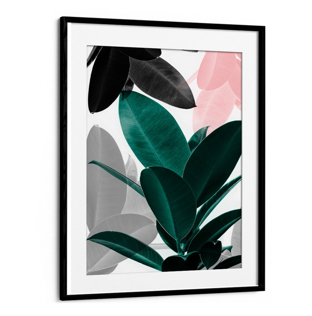 Stylish LEAF PLAY, FLORAL FLOWER PAINTINGS featuring vibrant leaves in a modern black frame for creative decor.