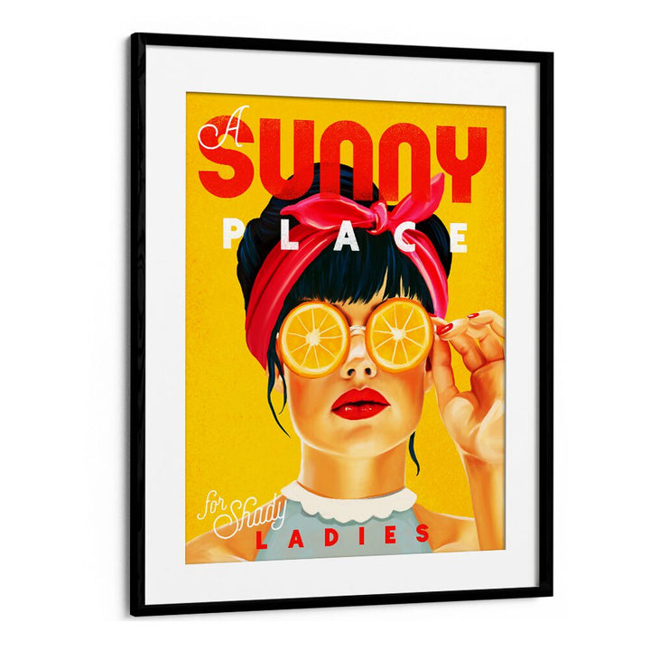 Vintage orange pinup art titled "A SUNNY PLACE , BAR" perfect for cafes and bar decor, celebrating playful elegance.