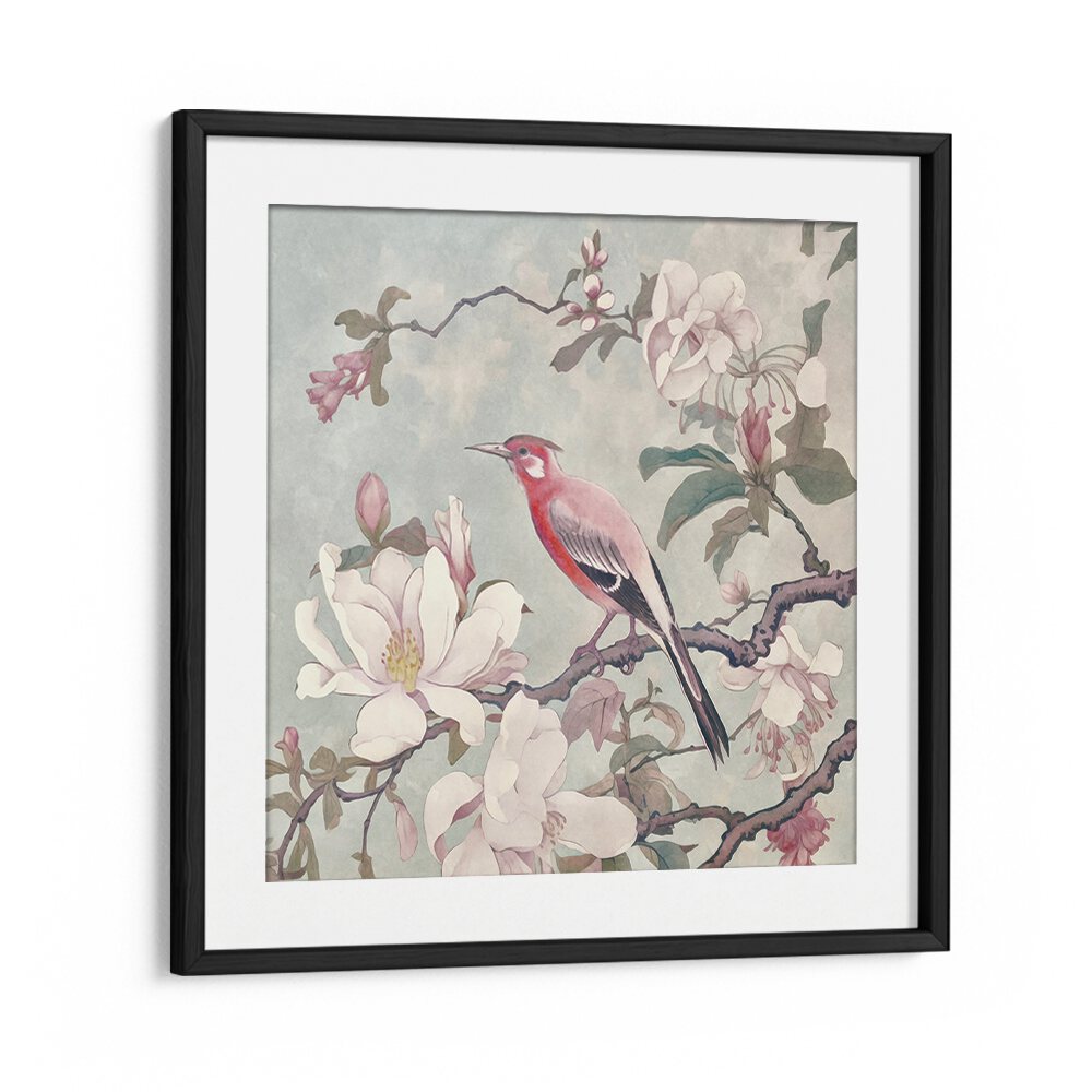Charming CHINOISERIE BIRD IV, ANIMAL PAINTINGS by Andrea Haase, featuring a vibrant bird among blooming magnolias.