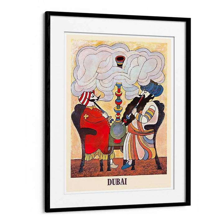 Colorful DUBAI I, VINTAGE TRAVEL POSTERS showcasing traditional figures enjoying shisha, perfect for nostalgic decor.