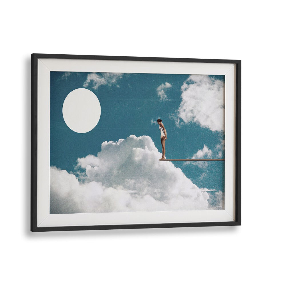 Surreal Reverie art print by UNDERDOTT, featuring a figure balancing on a cloud beneath a large moon.
