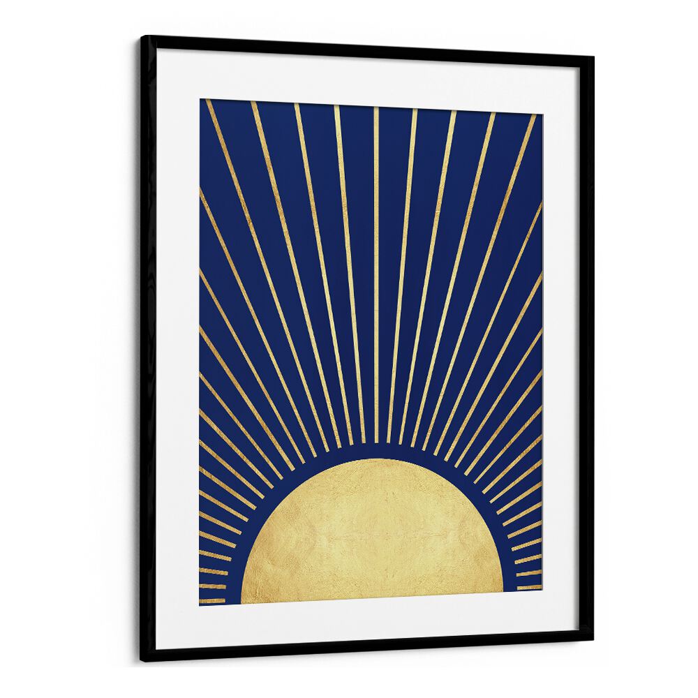 Warm golden sun rays radiate from a navy background in SUN RAYS I, GEOMETRIC ART PRINTS, perfect for enhancing your space.