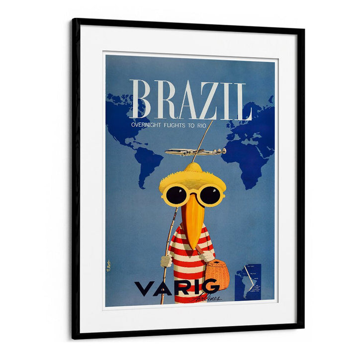 Colorful BRAZIL I, VINTAGE TRAVEL POSTERS featuring a whimsical character, perfect for adding charm to any space.