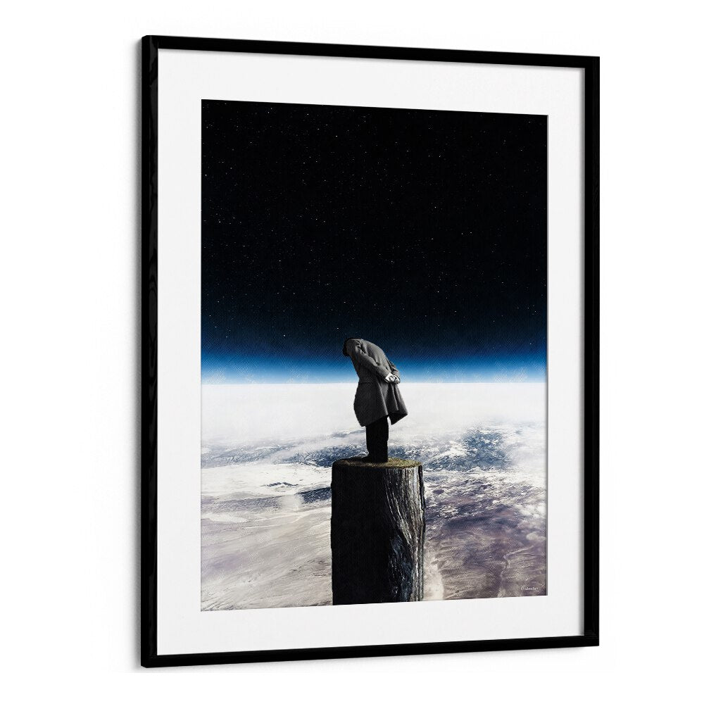 Surreal art print "I ALONE" by UNDERDOTT, depicting a figure on a stump against a cosmic backdrop.