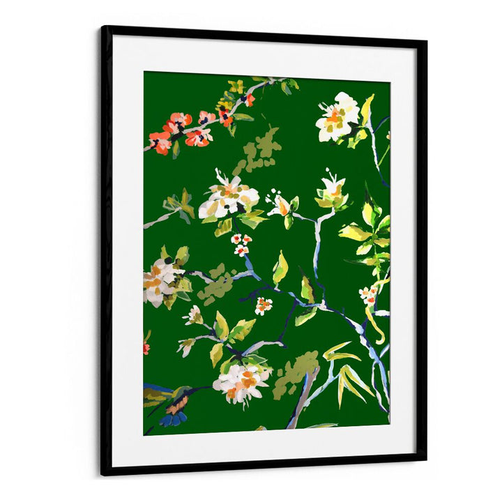 Enhance your decor with DINING ROOM WALLS I, FLORAL FLOWER PAINTINGS featuring vibrant floral designs on a rich green background.
