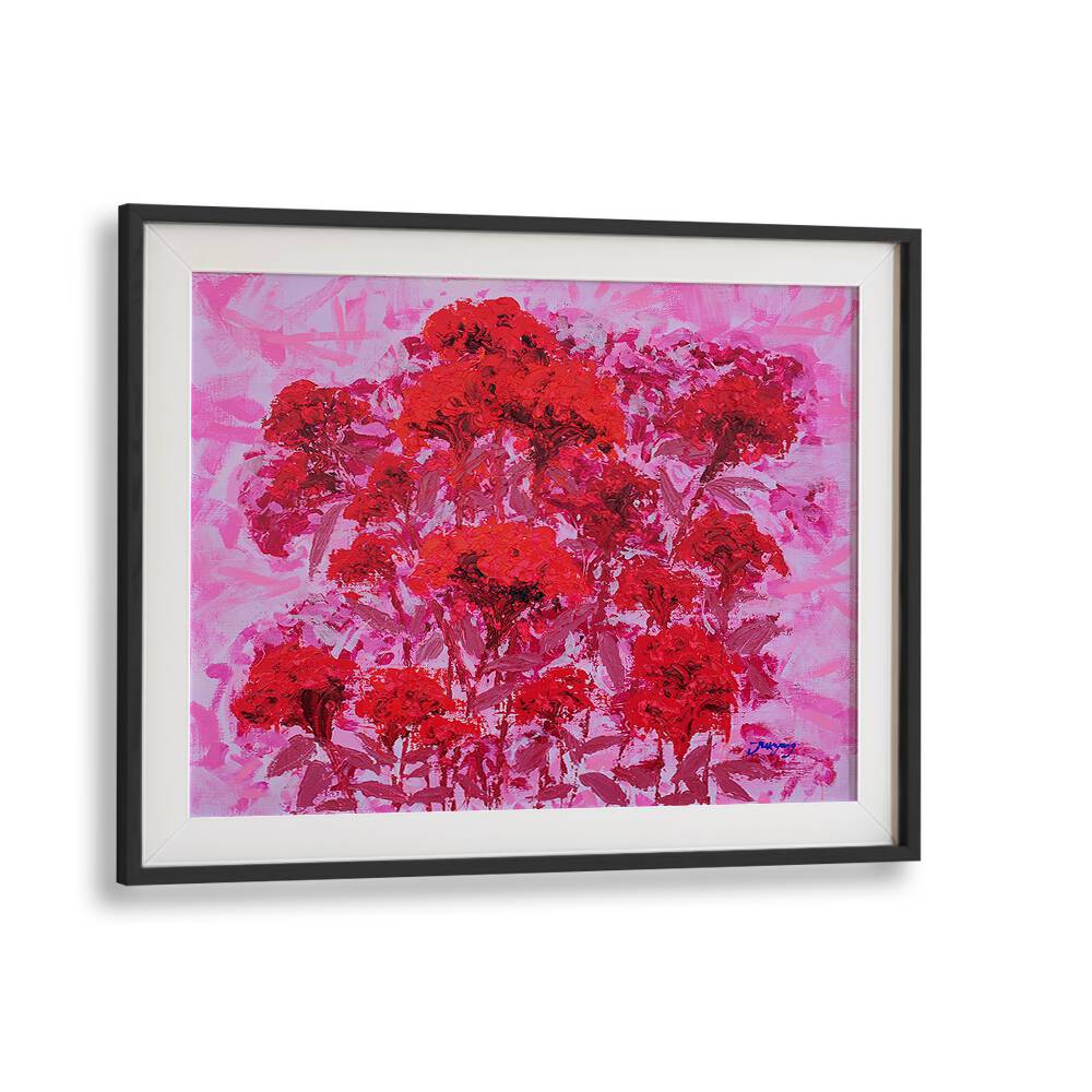 Vibrant COCKSCOMB CANVAS, FLORAL FLOWER PAINTINGS with red blooms against a pink background, perfect for any decor.