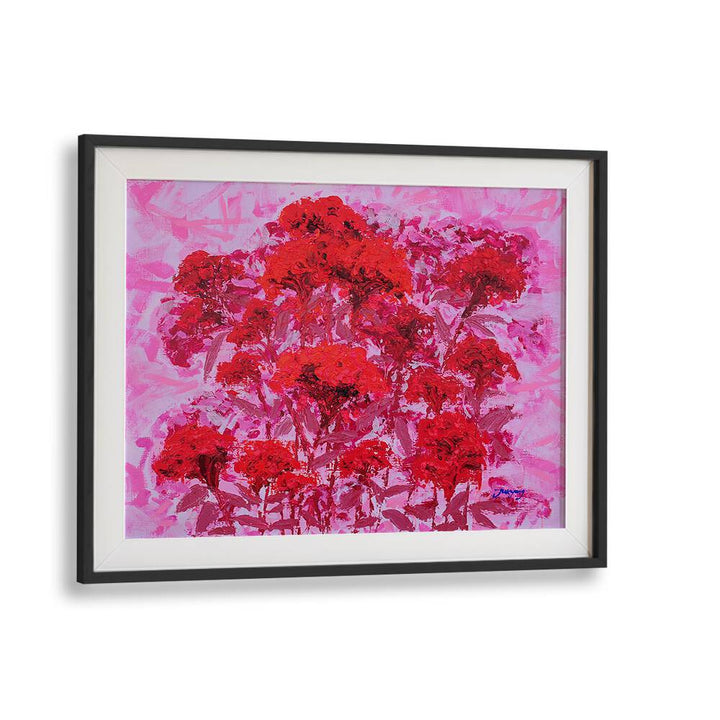 Vibrant COCKSCOMB CANVAS, FLORAL FLOWER PAINTINGS with red blooms against a pink background, perfect for any decor.