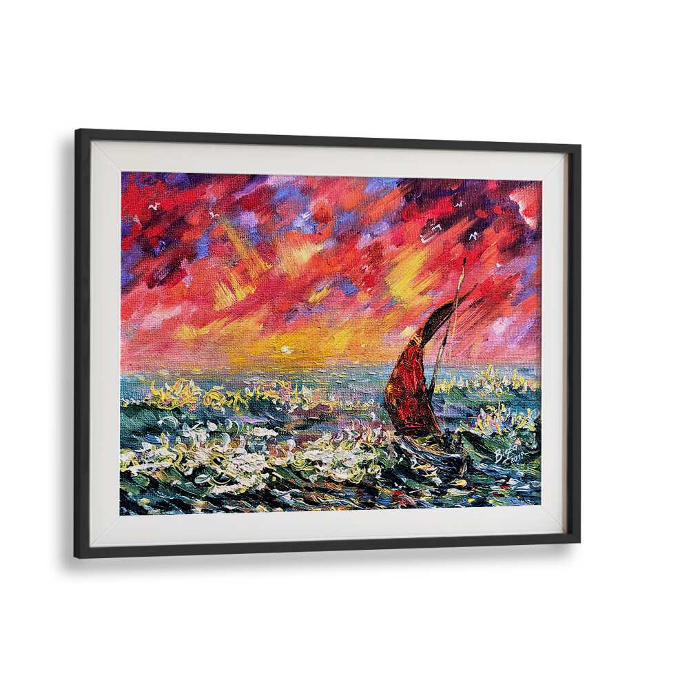 Vibrant RED SKY BOAT, LANDSCAPE PAINTINGS showcasing a stunning sunset over tranquil waters, perfect for home decor.