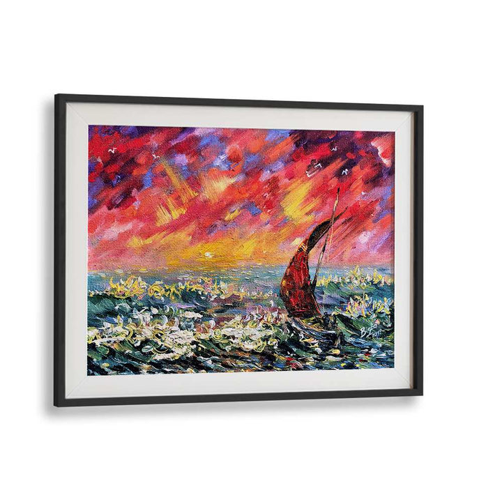 Vibrant RED SKY BOAT, LANDSCAPE PAINTINGS showcasing a stunning sunset over tranquil waters, perfect for home decor.