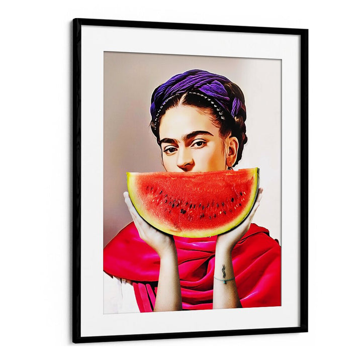 Vibrant Watermelon Frida altered art print by Dikhotomy, blending culture and color in a striking design.