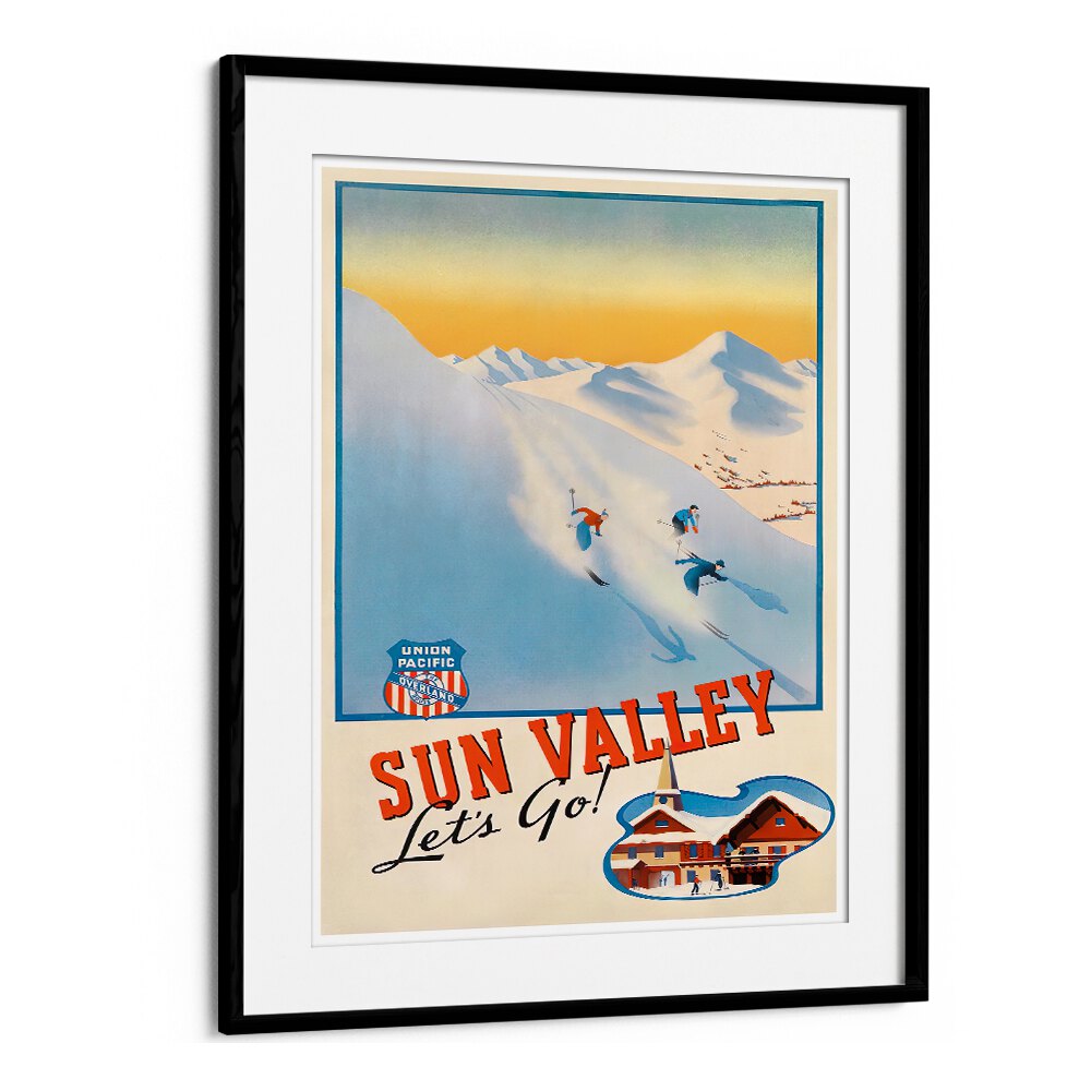 Discover SUN VALLEY, VINTAGE TRAVEL POSTERS showcasing stunning snowy landscapes and vibrant skiing culture.