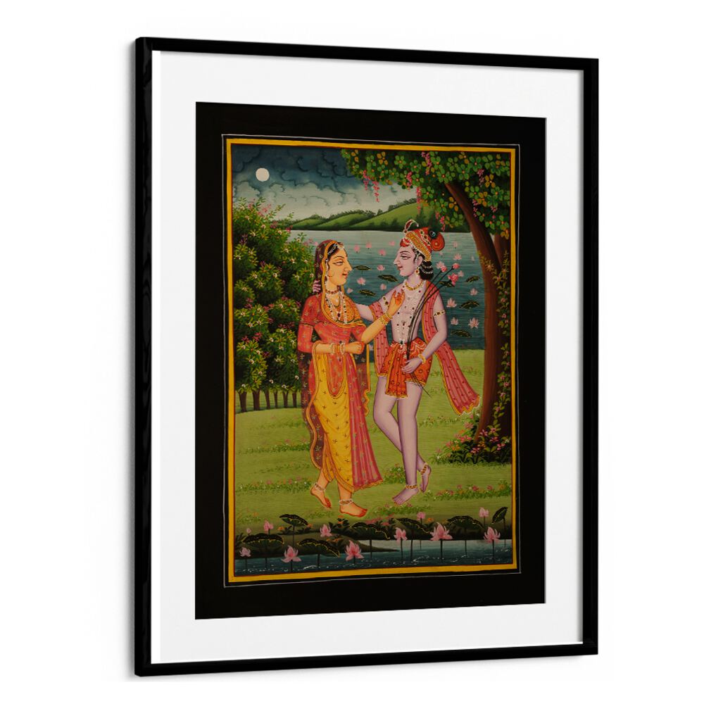 Radha and Krishna embraced in a lush landscape, showcasing RADHA KRISHNA II, INDIAN ART PAINTINGS’ divine beauty.