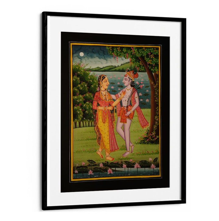 Radha and Krishna embraced in a lush landscape, showcasing RADHA KRISHNA II, INDIAN ART PAINTINGS’ divine beauty.