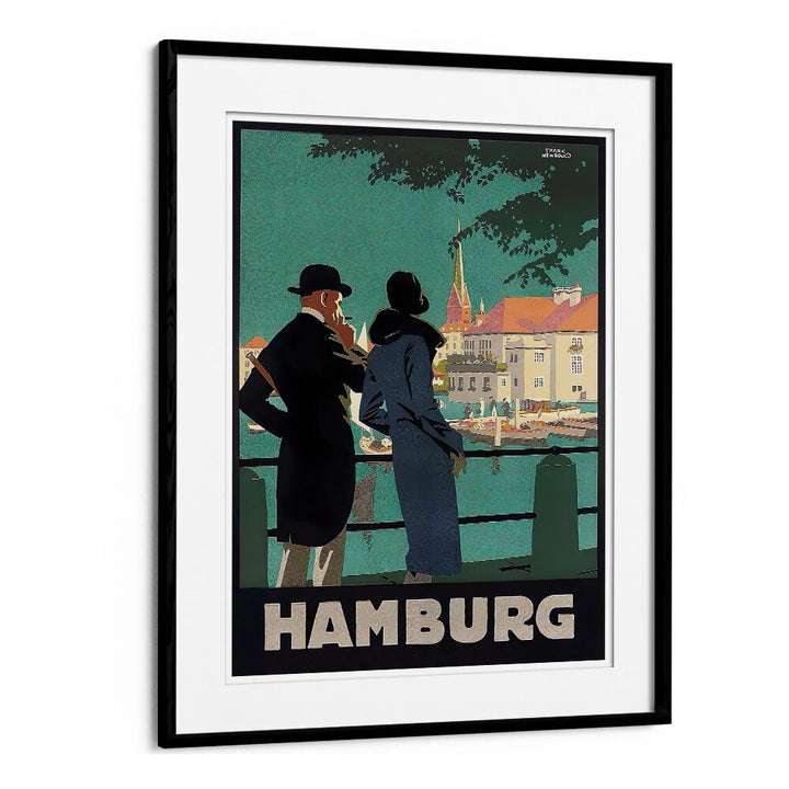 Stylish Hamburg I Vintage Travel Posters showcase a couple admiring the vibrant cityscape, perfect for any decor.