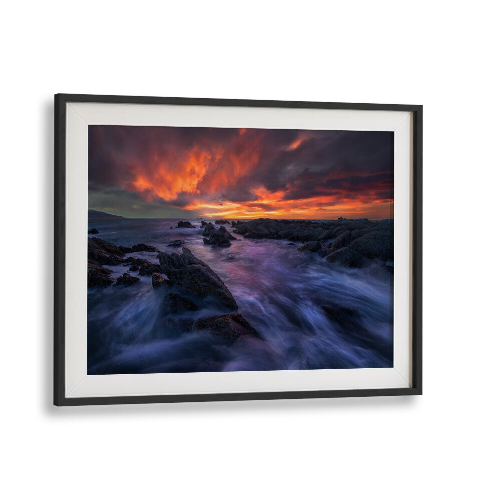 Transform your space with BURNING SKY, PHOTOGRAPHY PRINTS showcasing vibrant sunsets over tranquil waters.
