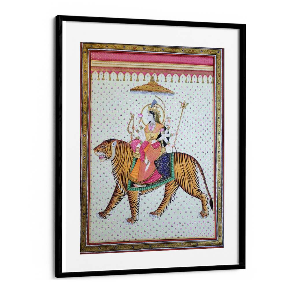 Vibrant MAA DURGA, INDIAN ART PAINTINGS showcasing Goddess Durga on a tiger, perfect for enhancing your decor.
