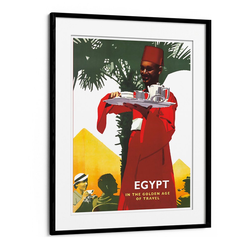 Stunning EGYPT, VINTAGE TRAVEL POSTERS featuring a vibrant scene of a server amidst pyramids and lush greenery.