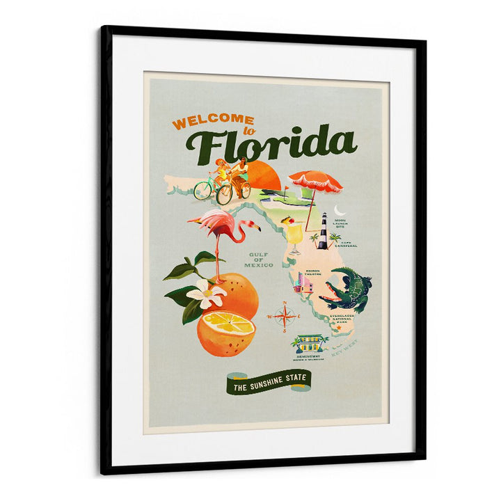 Welcome to Florida travel poster showcasing vibrant icons of the Sunshine State, perfect for any decor. FLORIDA, TRAVEL POSTERS.