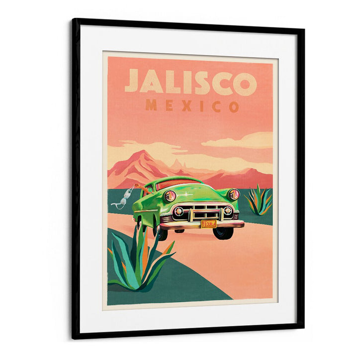 Vibrant Jalisco Mexico travel poster featuring a classic green car, perfect for decor enthusiasts and travelers.