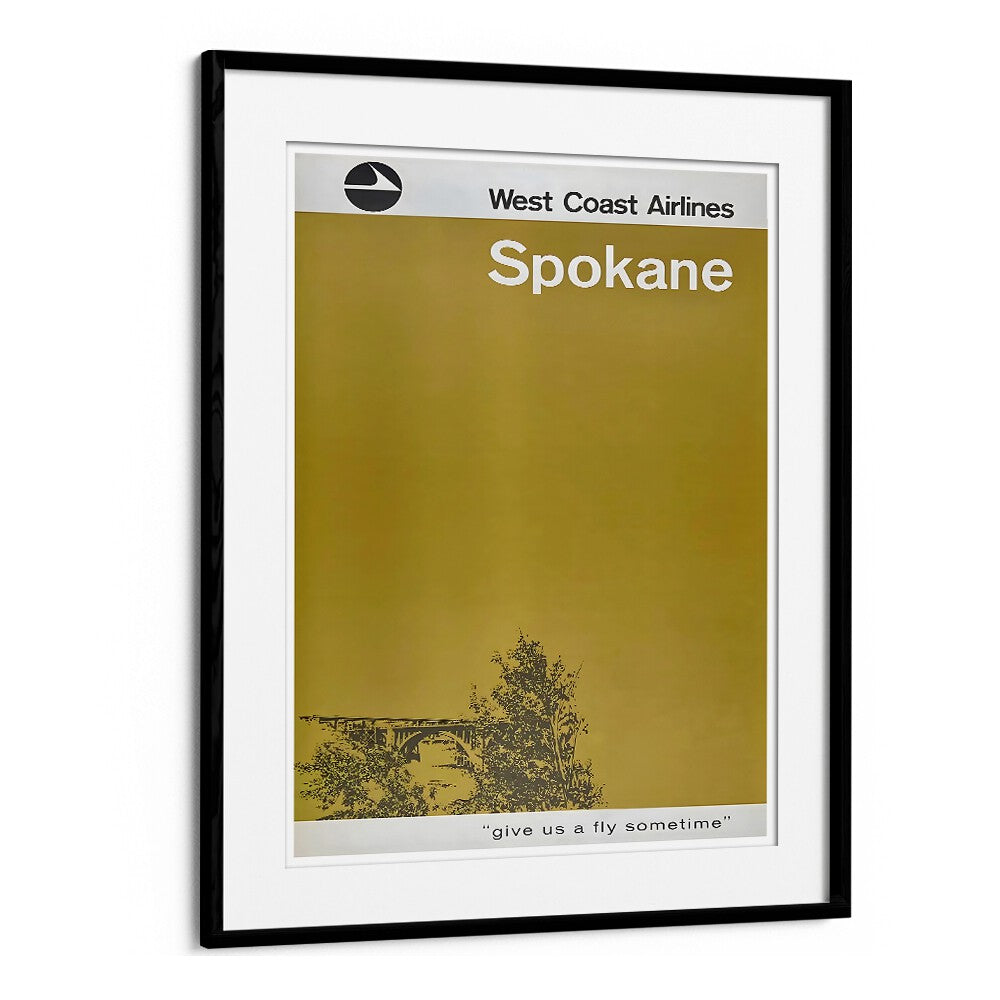 Framed WEST COAST AIRLINES, VINTAGE TRAVEL POSTERS art featuring Spokane, evoking classic aviation nostalgia.