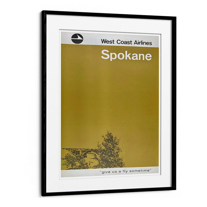 Framed WEST COAST AIRLINES, VINTAGE TRAVEL POSTERS art featuring Spokane, evoking classic aviation nostalgia.