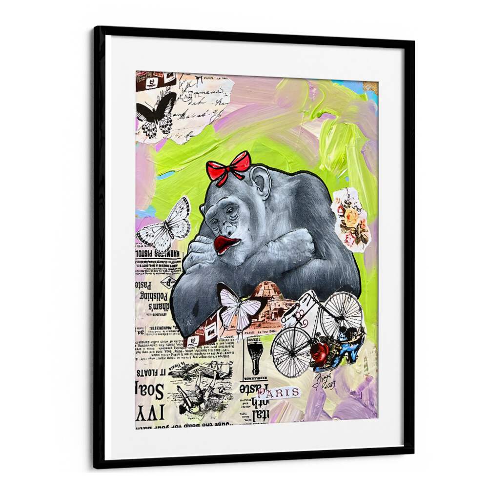 Whimsical PARISIAN DAYDREAM, COMIC POSTERS featuring a playful gorilla in vibrant colors, perfect for home decor.