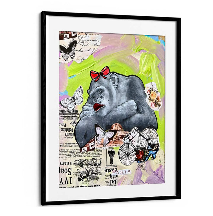 Whimsical PARISIAN DAYDREAM, COMIC POSTERS featuring a playful gorilla in vibrant colors, perfect for home decor.