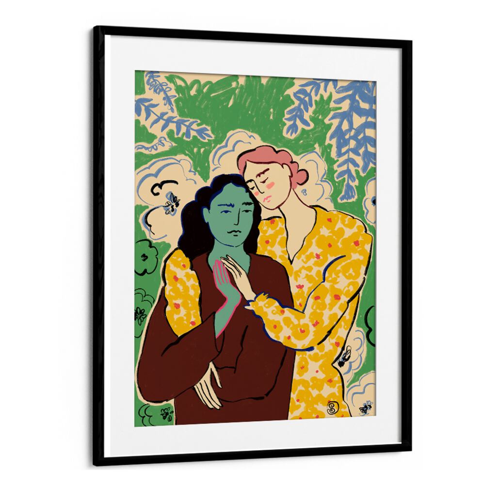 Colorful art print featuring two figures embracing, celebrating connection with HOLDING HANDS, VIBRANT style.