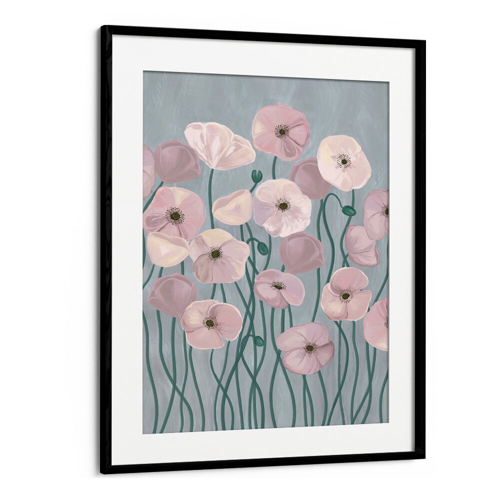 Delicate LIGHT POPPIES, FLORAL FLOWER PAINTINGS in a framed design, perfect for adding elegance to any space.